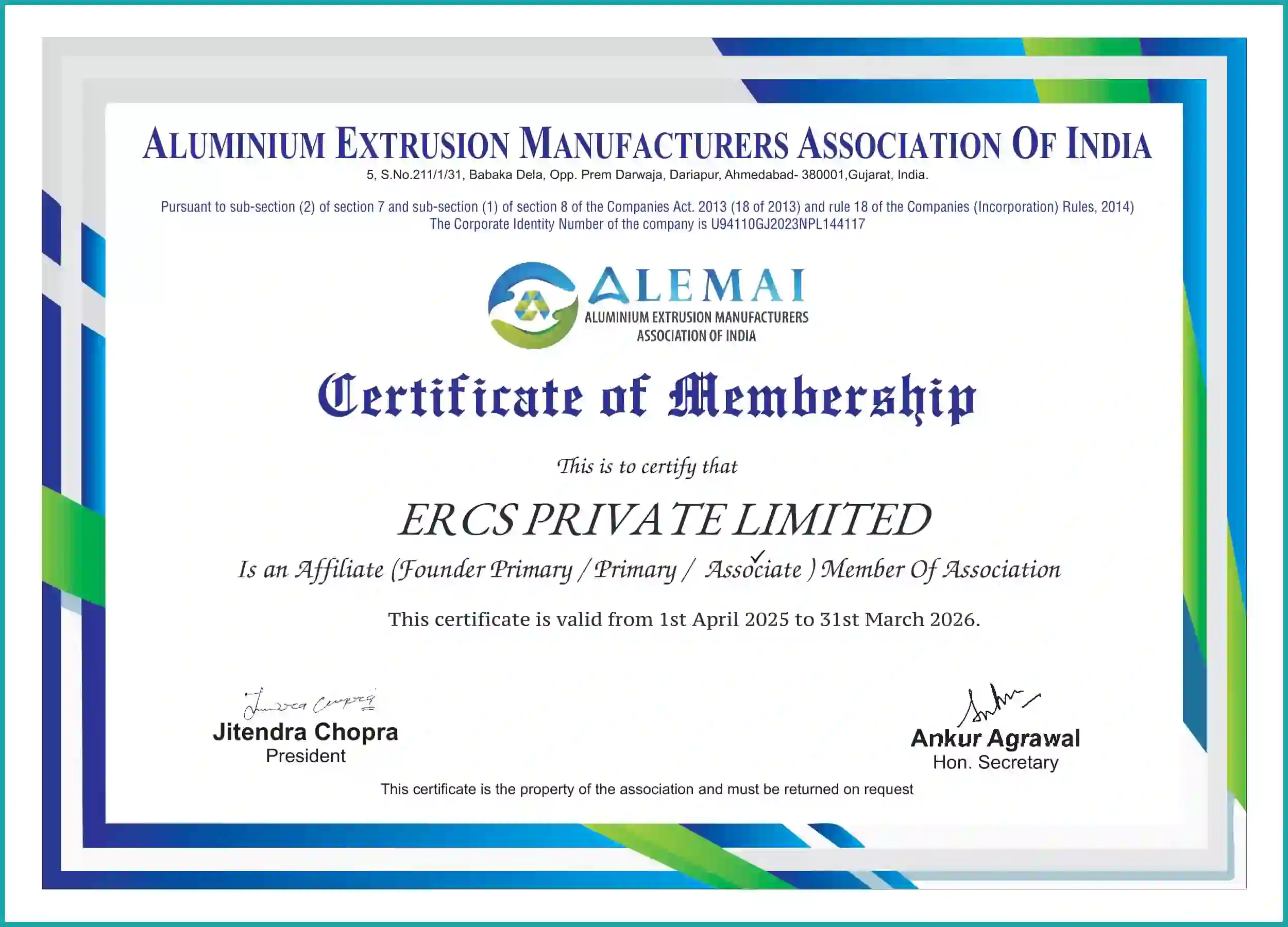 ALEMAI Certificate issued to ERCS Private Limited