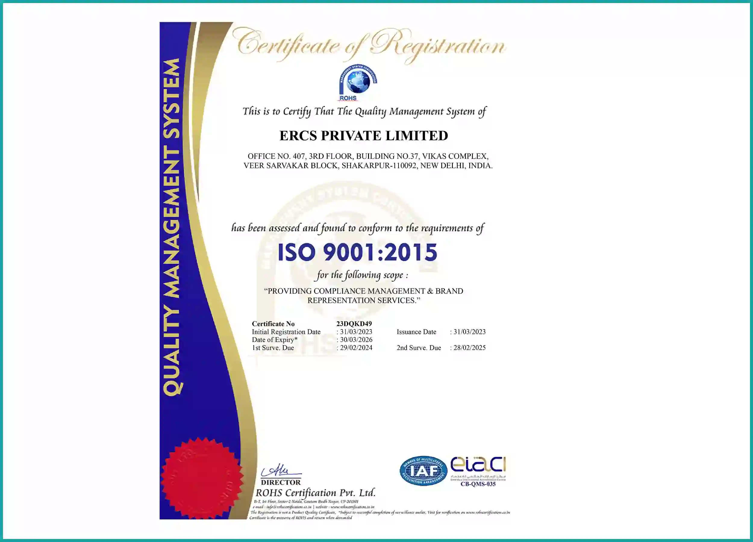 ISO Certificate issued to ERCS Private Limited